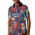 Newcastle Knights Kid Polo Shirt Tropical Hibiscus Floral Pattern With Blue And Red Accents