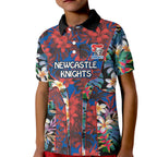 Newcastle Knights Kid Polo Shirt Tropical Hibiscus Floral Pattern With Blue And Red Accents