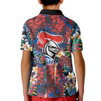 Newcastle Knights Kid Polo Shirt Tropical Hibiscus Floral Pattern With Blue And Red Accents