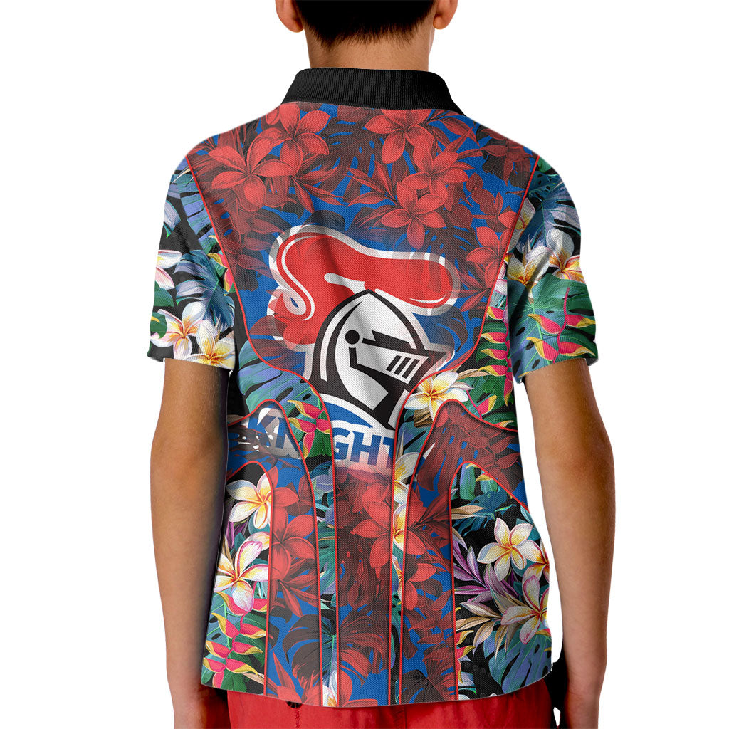 Newcastle Knights Kid Polo Shirt Tropical Hibiscus Floral Pattern With Blue And Red Accents