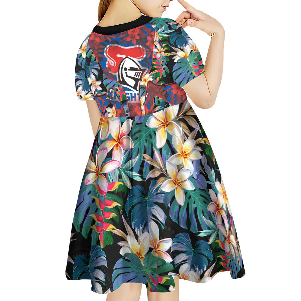 Newcastle Knights Kid Short Sleeve Dress Tropical Hibiscus Floral Pattern With Blue And Red Accents
