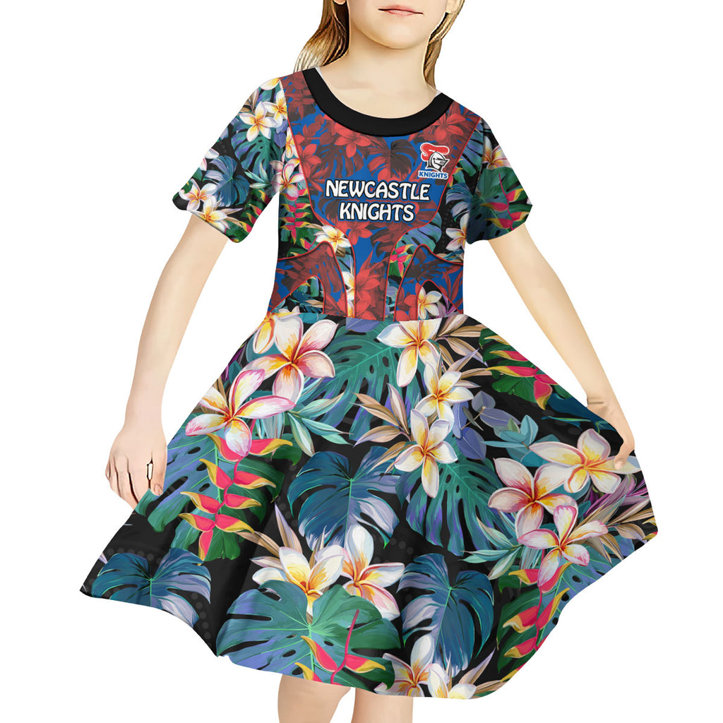 Newcastle Knights Kid Short Sleeve Dress Tropical Hibiscus Floral Pattern With Blue And Red Accents