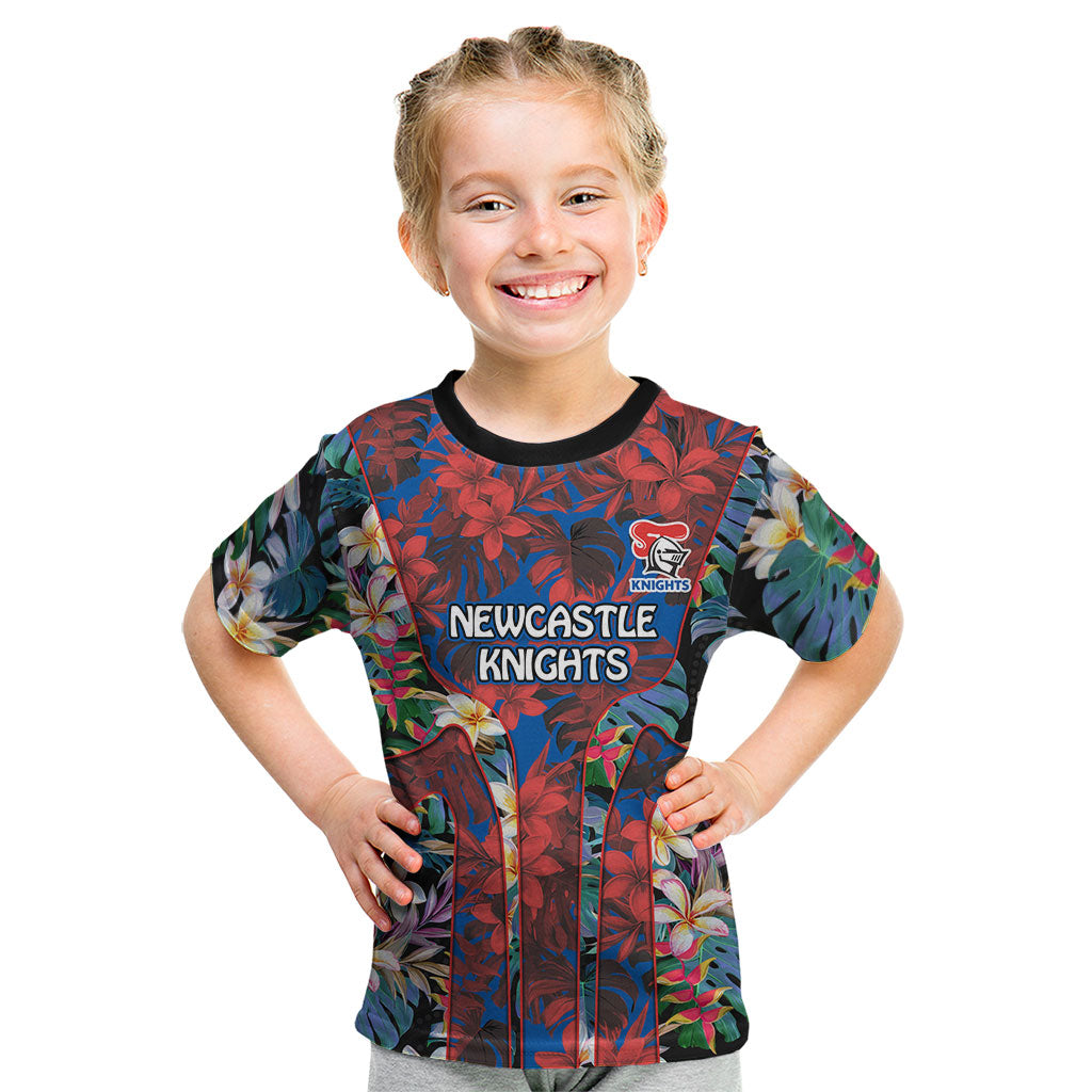 Newcastle Knights Kid T Shirt Tropical Hibiscus Floral Pattern With Blue And Red Accents