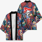 Newcastle Knights Kimono Tropical Hibiscus Floral Pattern With Blue And Red Accents