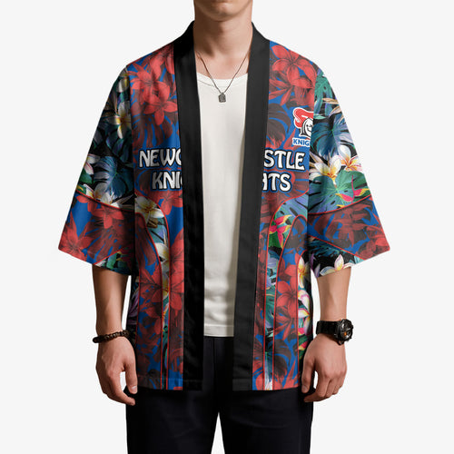 Newcastle Knights Kimono Tropical Hibiscus Floral Pattern With Blue And Red Accents
