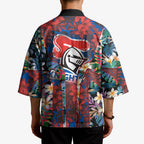 Newcastle Knights Kimono Tropical Hibiscus Floral Pattern With Blue And Red Accents