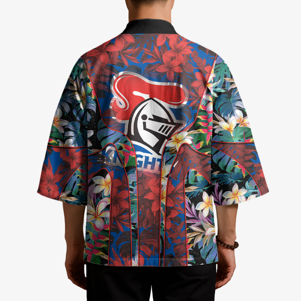 Newcastle Knights Kimono Tropical Hibiscus Floral Pattern With Blue And Red Accents