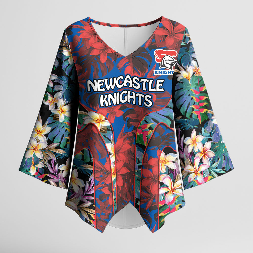 Newcastle Knights Kimono Sleeve Blouse Tropical Hibiscus Floral Pattern With Blue And Red Accents