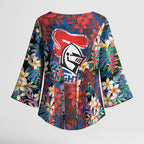 Newcastle Knights Kimono Sleeve Blouse Tropical Hibiscus Floral Pattern With Blue And Red Accents