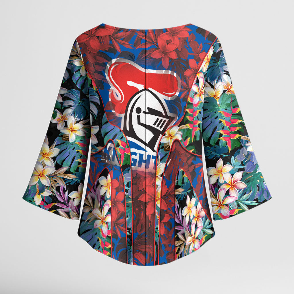 Newcastle Knights Kimono Sleeve Blouse Tropical Hibiscus Floral Pattern With Blue And Red Accents