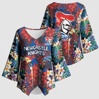 Newcastle Knights Kimono Sleeve Blouse Tropical Hibiscus Floral Pattern With Blue And Red Accents