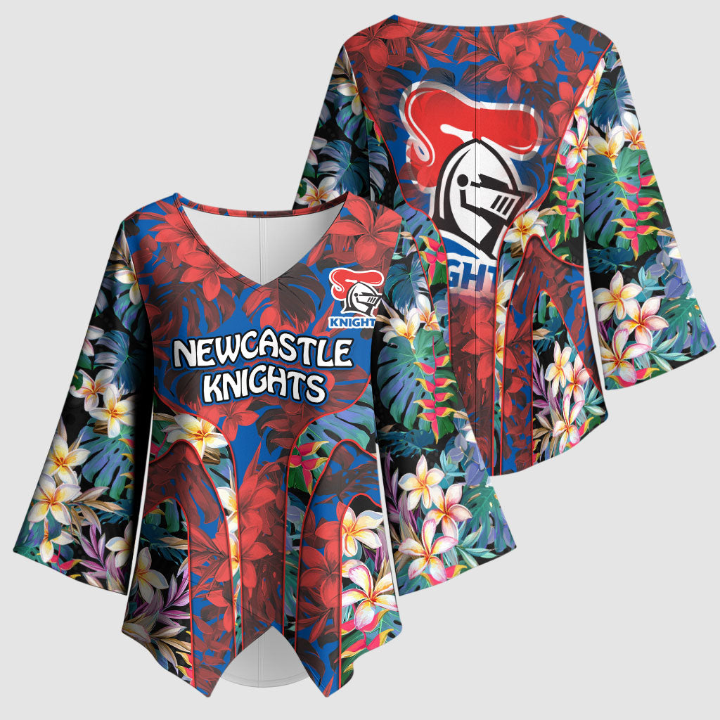 Newcastle Knights Kimono Sleeve Blouse Tropical Hibiscus Floral Pattern With Blue And Red Accents