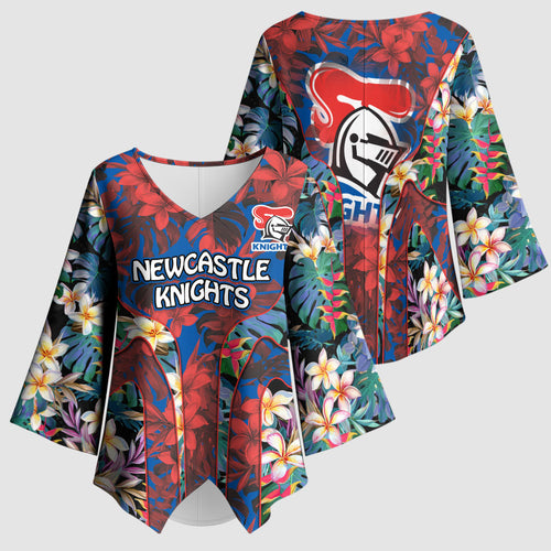 Newcastle Knights Kimono Sleeve Blouse Tropical Hibiscus Floral Pattern With Blue And Red Accents