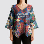 Newcastle Knights Kimono Sleeve Blouse Tropical Hibiscus Floral Pattern With Blue And Red Accents