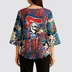 Newcastle Knights Kimono Sleeve Blouse Tropical Hibiscus Floral Pattern With Blue And Red Accents