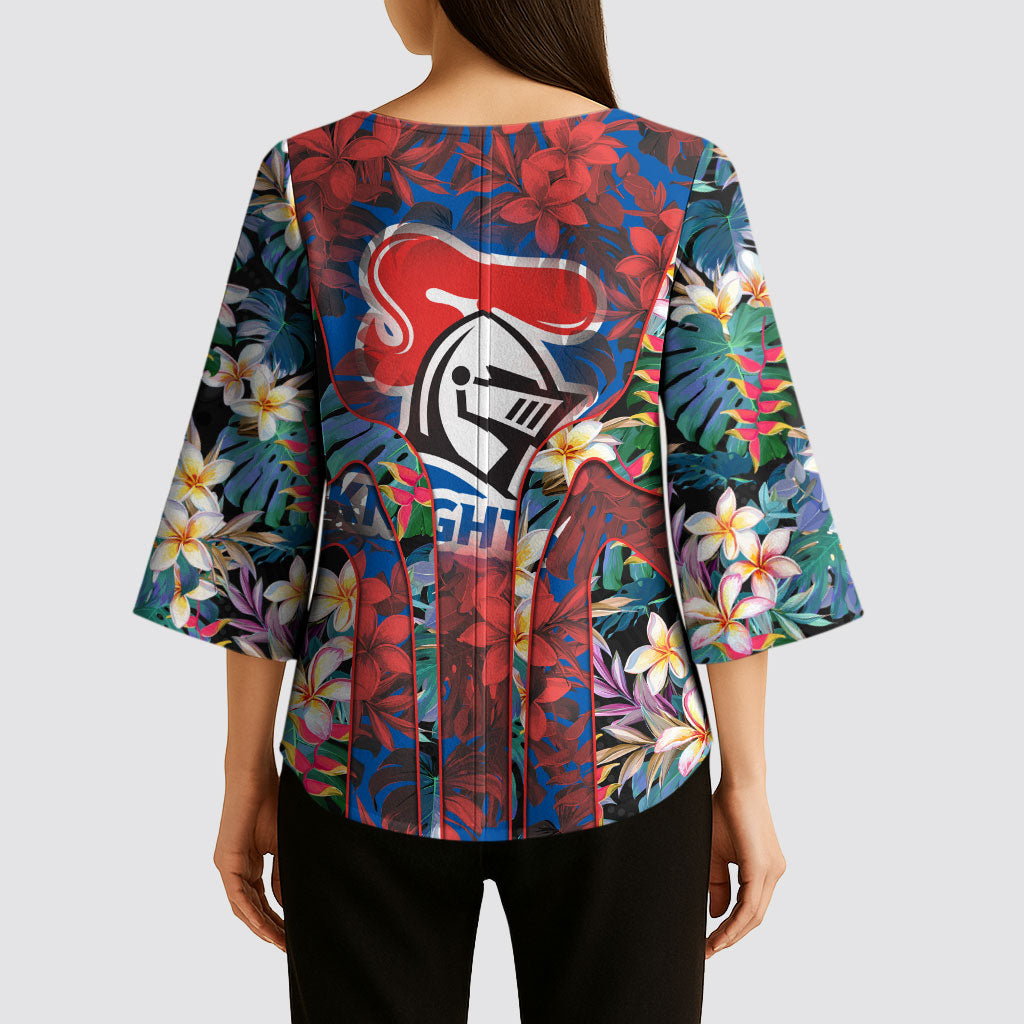 Newcastle Knights Kimono Sleeve Blouse Tropical Hibiscus Floral Pattern With Blue And Red Accents