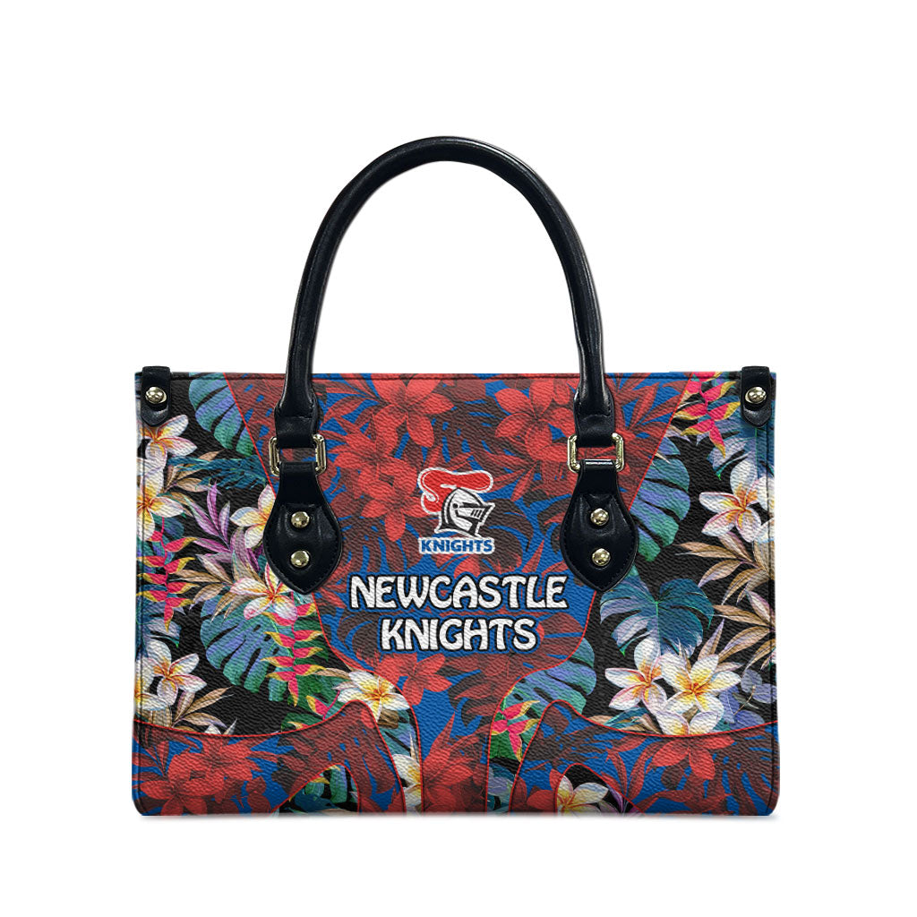 Newcastle Knights Leather Bag Tropical Hibiscus Floral Pattern With Blue And Red Accents