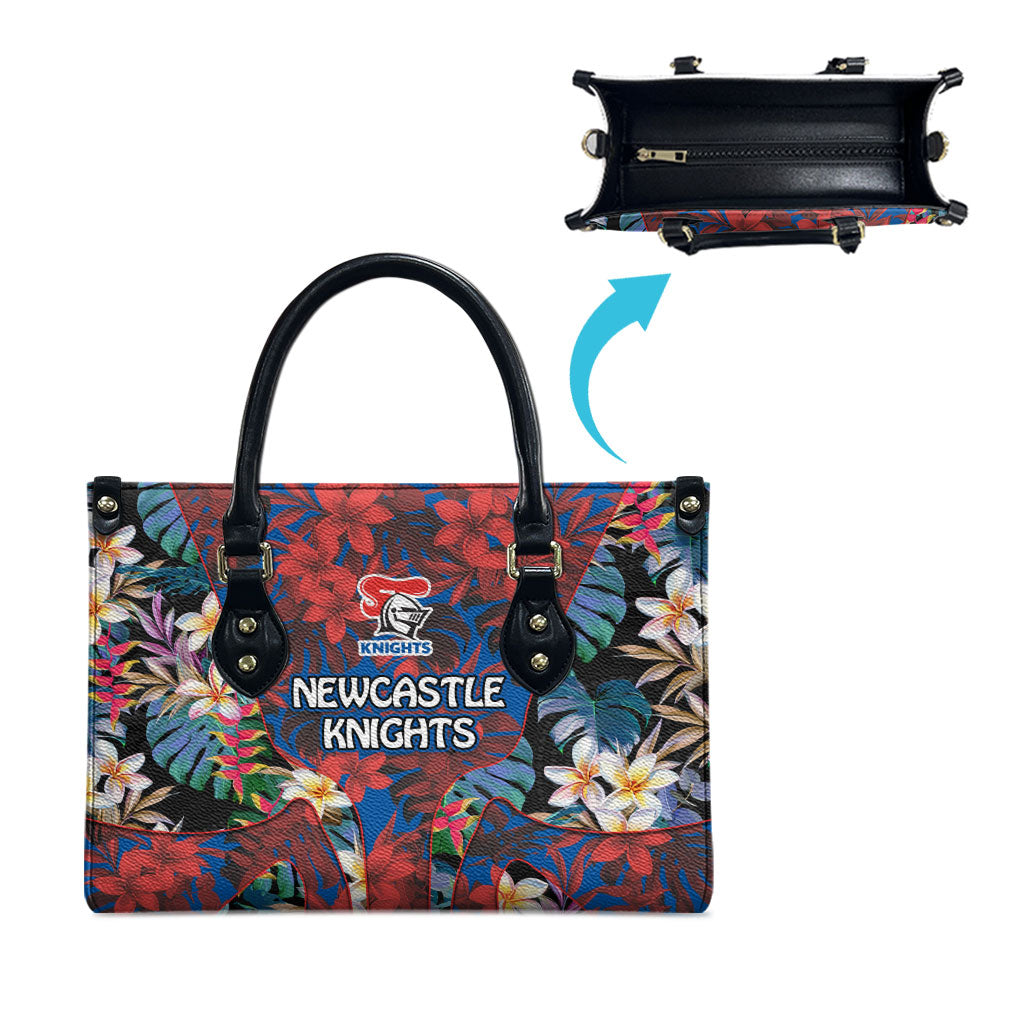 Newcastle Knights Leather Bag Tropical Hibiscus Floral Pattern With Blue And Red Accents