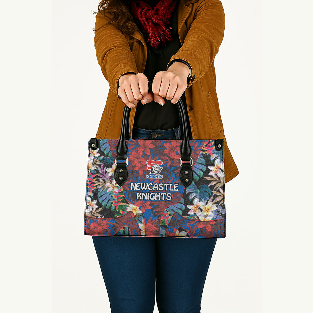 Newcastle Knights Leather Bag Tropical Hibiscus Floral Pattern With Blue And Red Accents