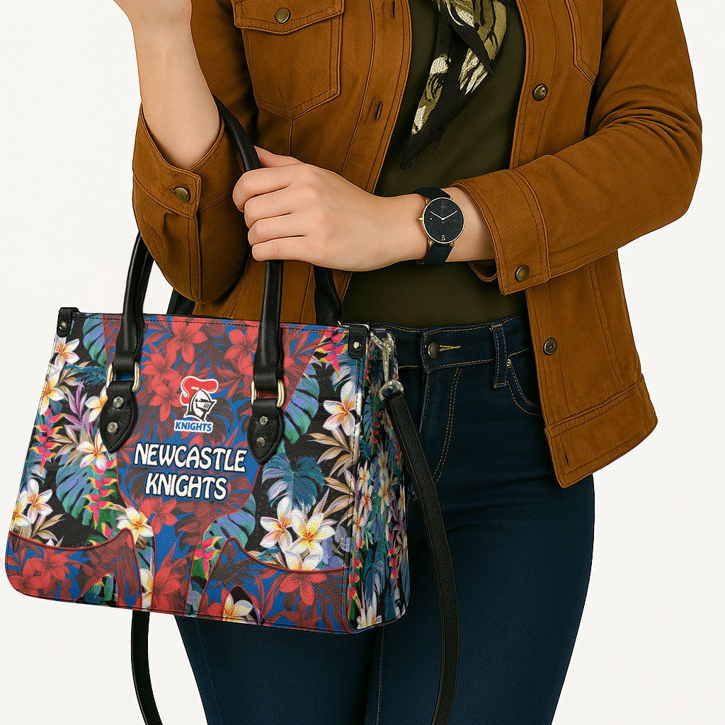 Newcastle Knights Leather Bag Tropical Hibiscus Floral Pattern With Blue And Red Accents