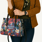 Newcastle Knights Leather Bag Tropical Hibiscus Floral Pattern With Blue And Red Accents