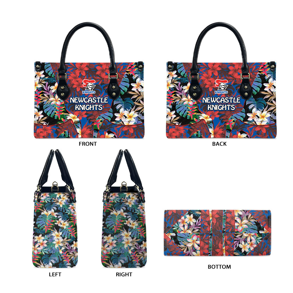 Newcastle Knights Leather Bag Tropical Hibiscus Floral Pattern With Blue And Red Accents