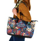 Newcastle Knights Leather Tote Bag Tropical Hibiscus Floral Pattern With Blue And Red Accents