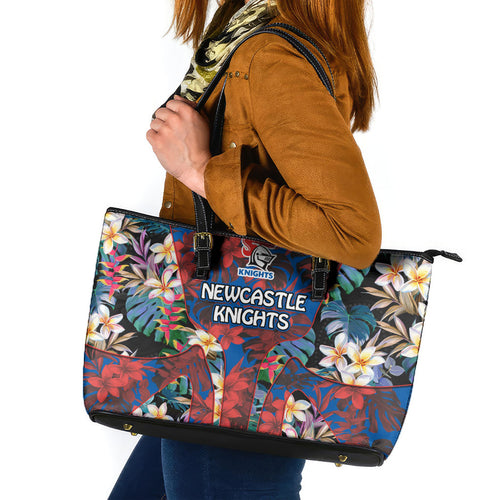 Newcastle Knights Leather Tote Bag Tropical Hibiscus Floral Pattern With Blue And Red Accents