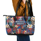 Newcastle Knights Leather Tote Bag Tropical Hibiscus Floral Pattern With Blue And Red Accents
