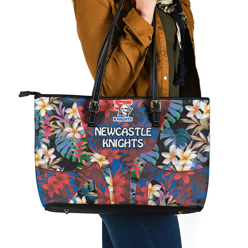 Newcastle Knights Leather Tote Bag Tropical Hibiscus Floral Pattern With Blue And Red Accents
