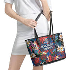 Newcastle Knights Leather Tote Bag Tropical Hibiscus Floral Pattern With Blue And Red Accents