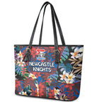 Newcastle Knights Leather Tote Bag Tropical Hibiscus Floral Pattern With Blue And Red Accents