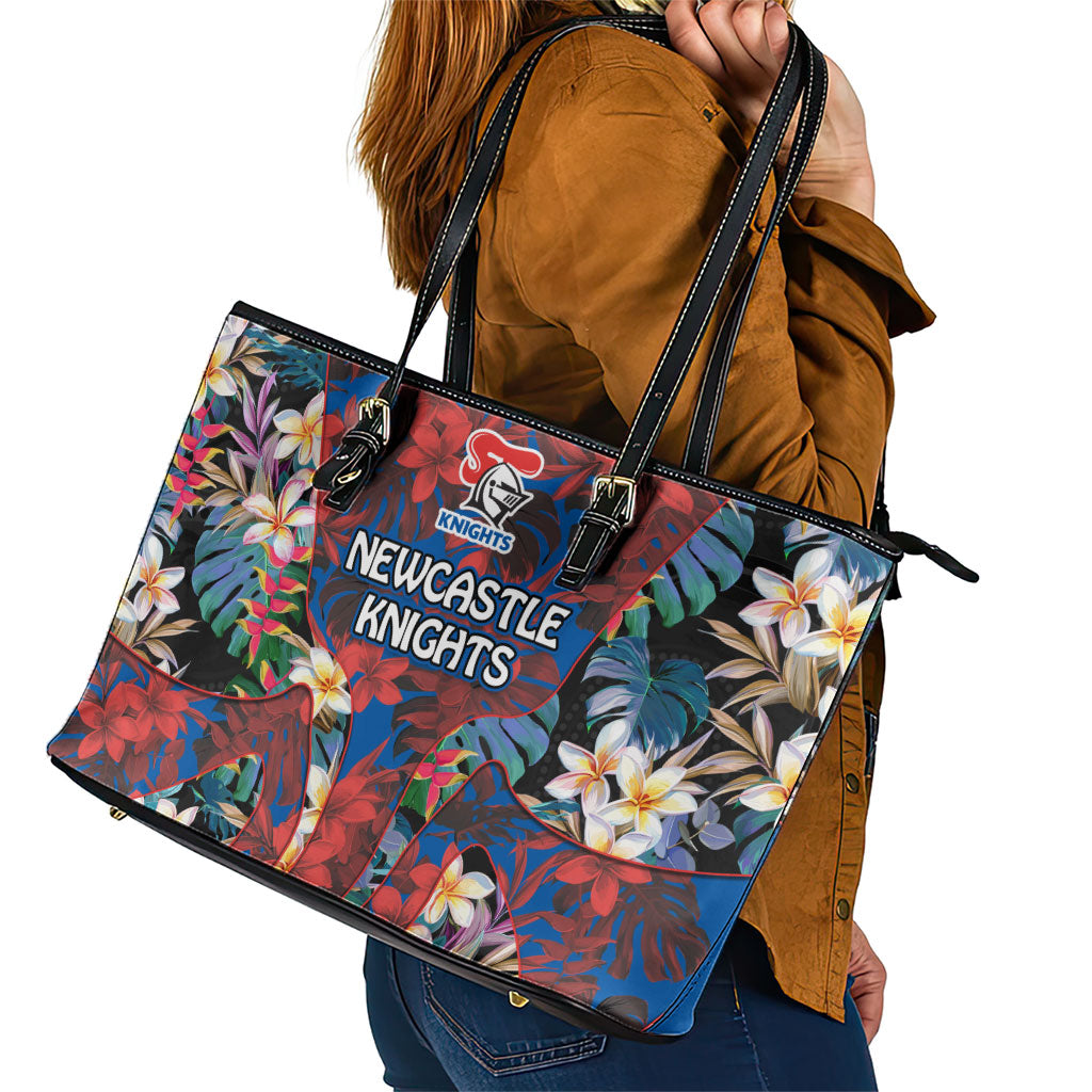 Newcastle Knights Leather Tote Bag Tropical Hibiscus Floral Pattern With Blue And Red Accents