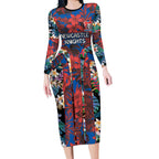 Newcastle Knights Long Sleeve Bodycon Dress Tropical Hibiscus Floral Pattern With Blue And Red Accents