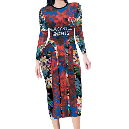 Newcastle Knights Long Sleeve Bodycon Dress Tropical Hibiscus Floral Pattern With Blue And Red Accents