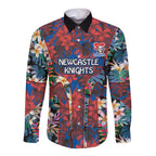Newcastle Knights Long Sleeve Button Shirt Tropical Hibiscus Floral Pattern With Blue And Red Accents