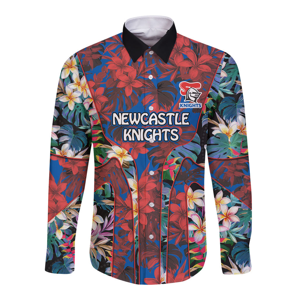 Newcastle Knights Long Sleeve Button Shirt Tropical Hibiscus Floral Pattern With Blue And Red Accents