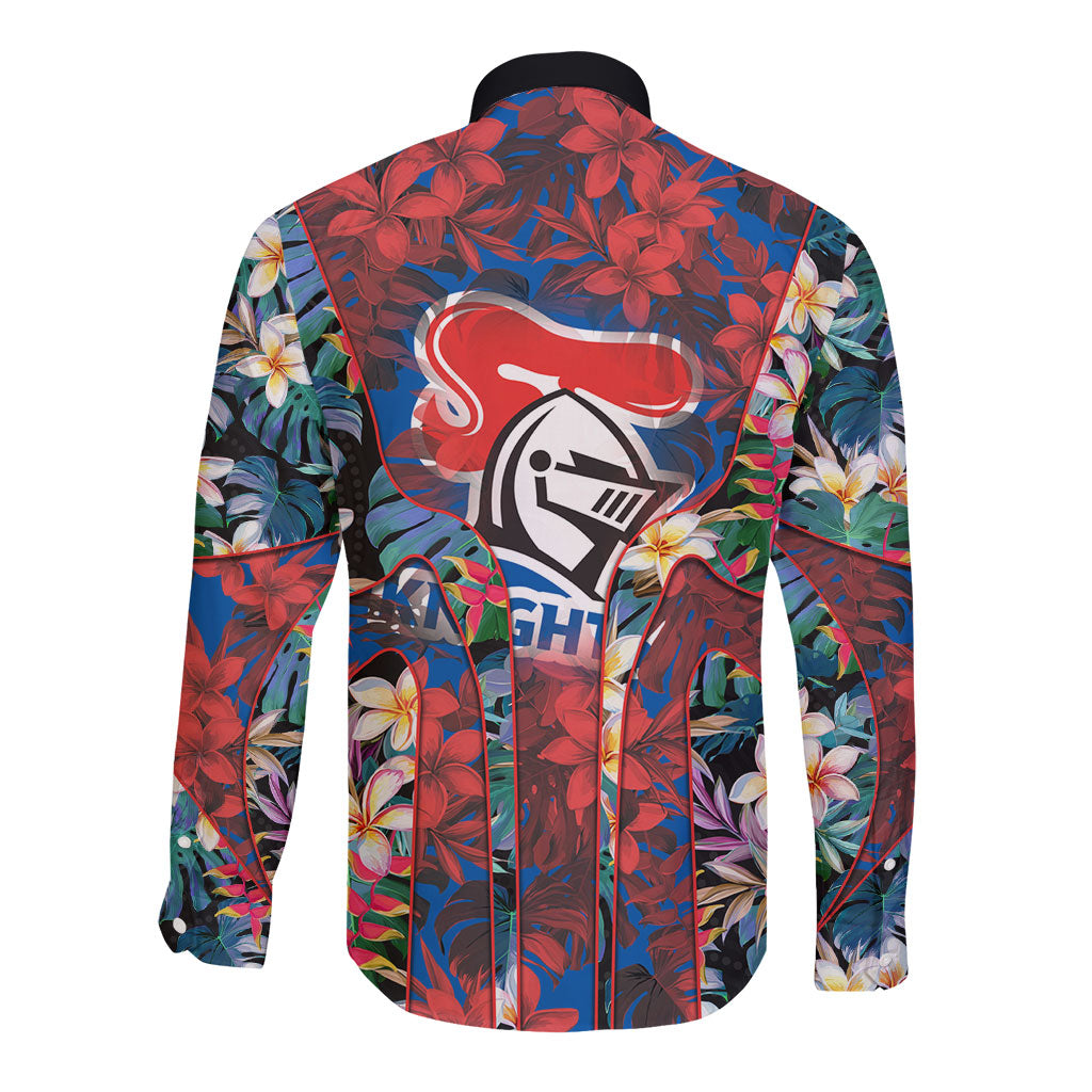 Newcastle Knights Long Sleeve Button Shirt Tropical Hibiscus Floral Pattern With Blue And Red Accents