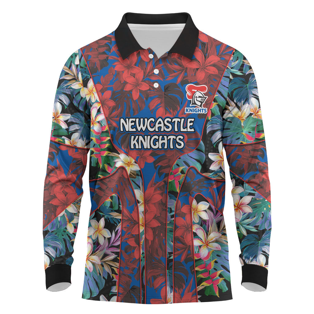 Newcastle Knights Long Sleeve Polo Shirt Tropical Hibiscus Floral Pattern With Blue And Red Accents
