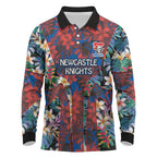Newcastle Knights Long Sleeve Polo Shirt Tropical Hibiscus Floral Pattern With Blue And Red Accents