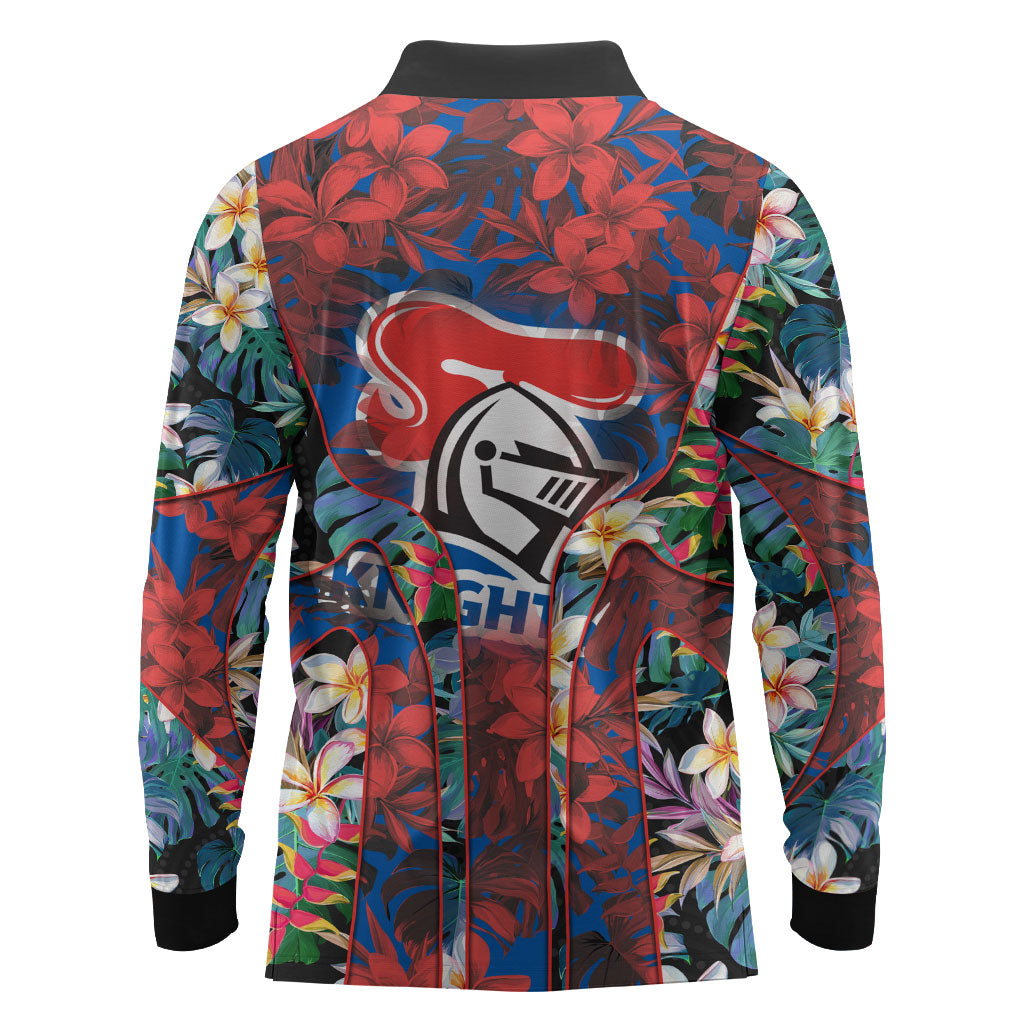 Newcastle Knights Long Sleeve Polo Shirt Tropical Hibiscus Floral Pattern With Blue And Red Accents