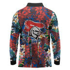Newcastle Knights Long Sleeve Polo Shirt Tropical Hibiscus Floral Pattern With Blue And Red Accents