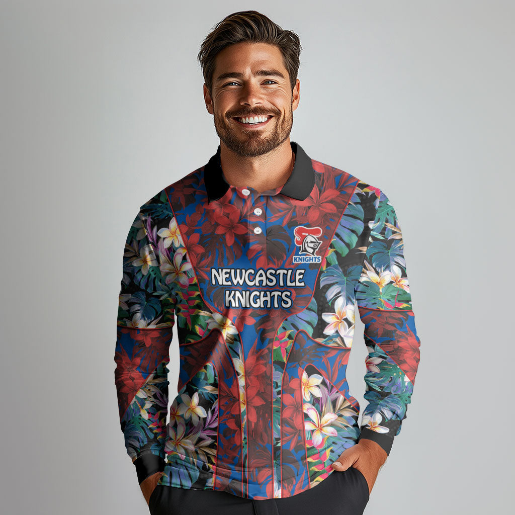 Newcastle Knights Long Sleeve Polo Shirt Tropical Hibiscus Floral Pattern With Blue And Red Accents