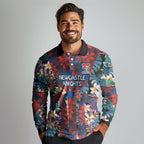 Newcastle Knights Long Sleeve Polo Shirt Tropical Hibiscus Floral Pattern With Blue And Red Accents