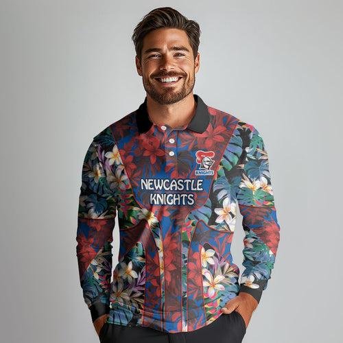 Newcastle Knights Long Sleeve Polo Shirt Tropical Hibiscus Floral Pattern With Blue And Red Accents