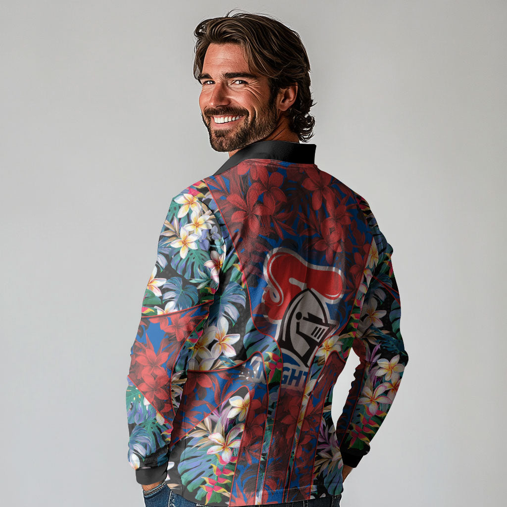Newcastle Knights Long Sleeve Polo Shirt Tropical Hibiscus Floral Pattern With Blue And Red Accents