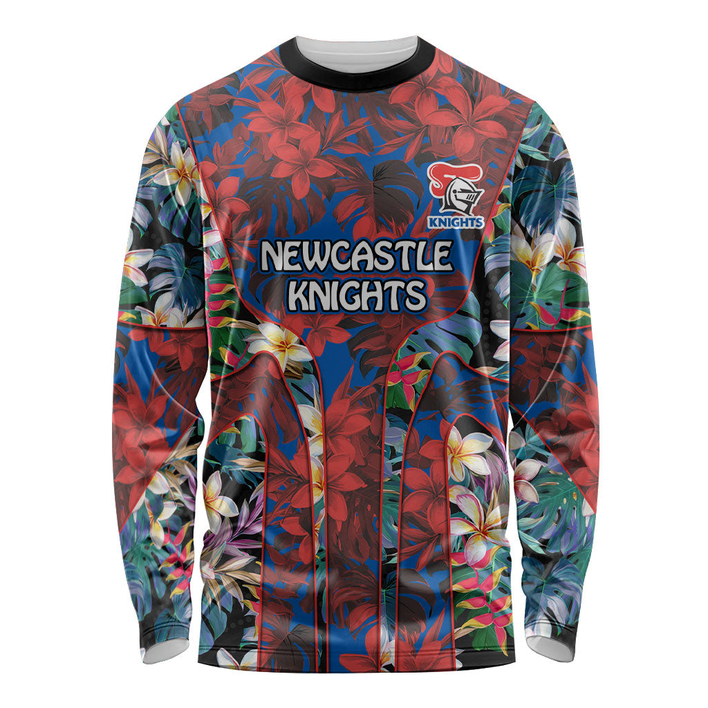 Newcastle Knights Long Sleeve Shirt Tropical Hibiscus Floral Pattern With Blue And Red Accents