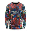 Newcastle Knights Long Sleeve Shirt Tropical Hibiscus Floral Pattern With Blue And Red Accents
