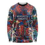 Newcastle Knights Long Sleeve Shirt Tropical Hibiscus Floral Pattern With Blue And Red Accents