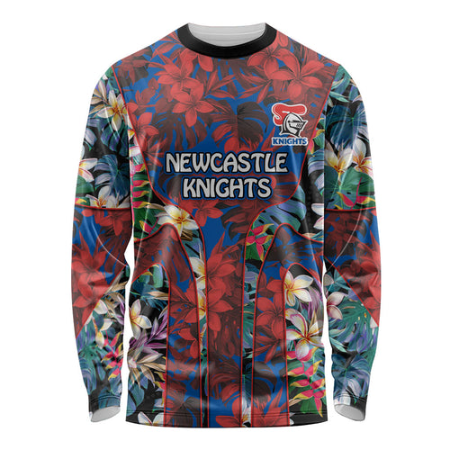 Newcastle Knights Long Sleeve Shirt Tropical Hibiscus Floral Pattern With Blue And Red Accents